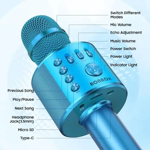 BONAOK Wireless Bluetooth Karaoke Microphone Q37 Blue | Portable Handheld Mic Speaker for Parties & All Smartphones thumbnail 5