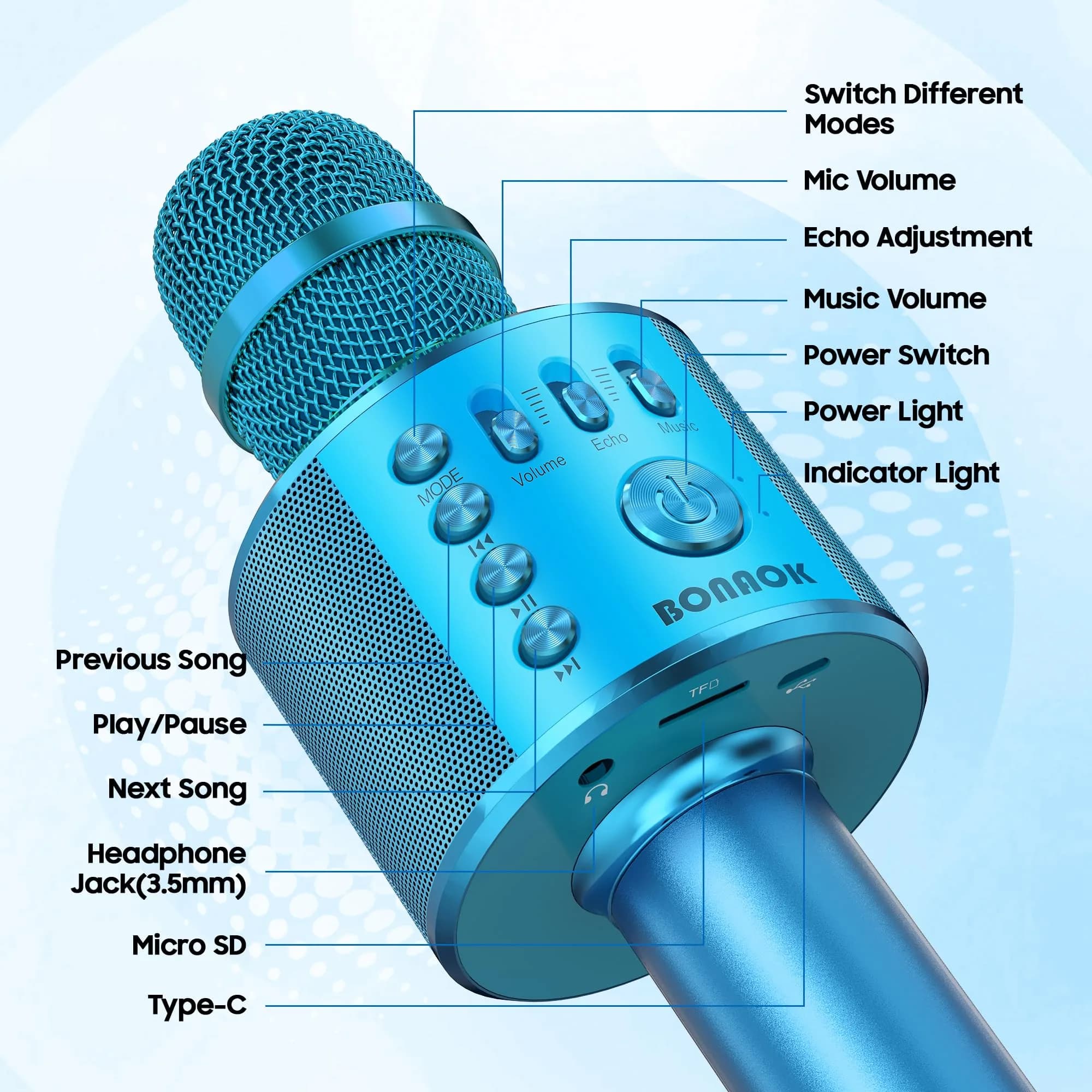 BONAOK Wireless Bluetooth Karaoke Microphone Q37 Blue | Portable Handheld Mic Speaker for Parties & All Smartphones - view 5