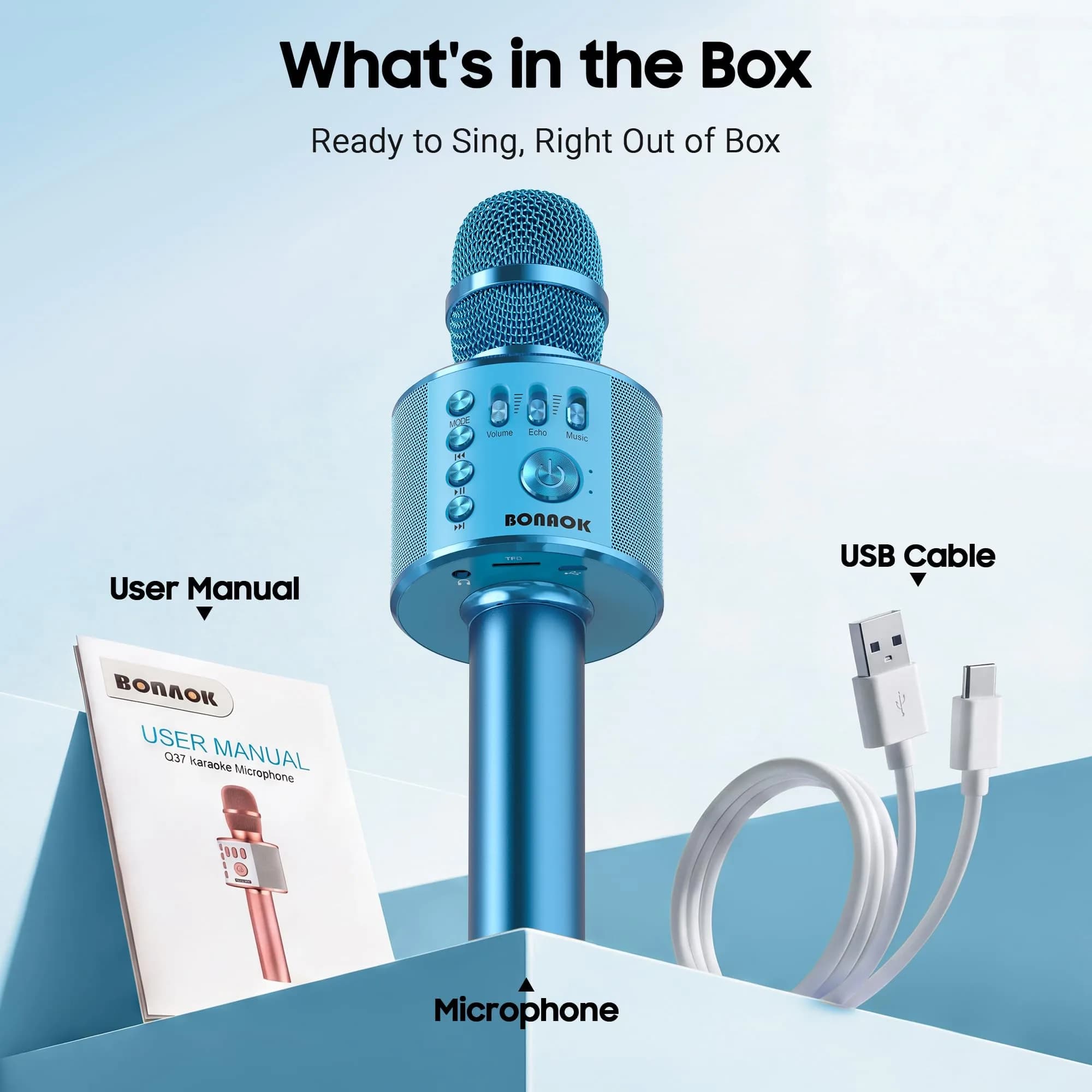 BONAOK Wireless Bluetooth Karaoke Microphone Q37 Blue | Portable Handheld Mic Speaker for Parties & All Smartphones - view 6