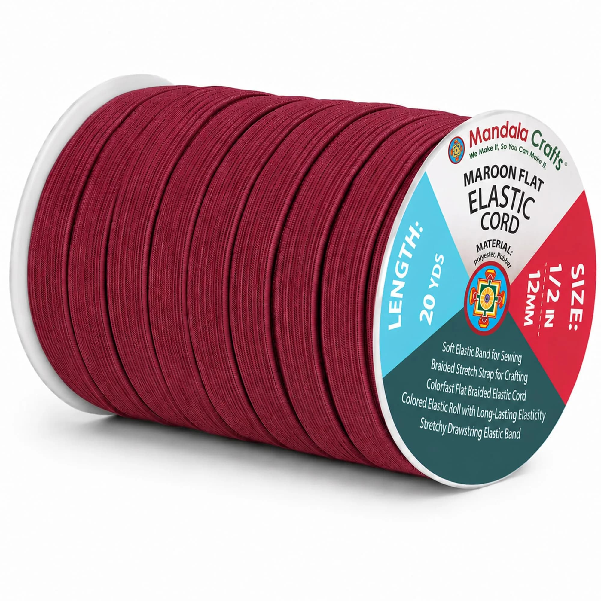 Mandala Crafts 20 Yards 1/2 Inch 12mm Maroon Elastic Bands for Sewing | Resilient & Soft Flat Elastic Cord — Maroon