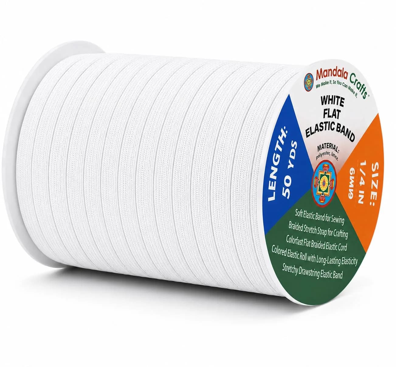 Mandala Crafts 50 Yards ¼ Inch 6mm White Elastic Bands for Sewing | Resilient & Soft Flat Elastic Cord - main product image