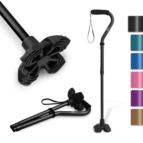 KINGGEAR Folding Walking Cane with Offset Handle & Quad Base, 31-36 inch Adjustable Height | Self-Standing Mobility Aid - main product image
