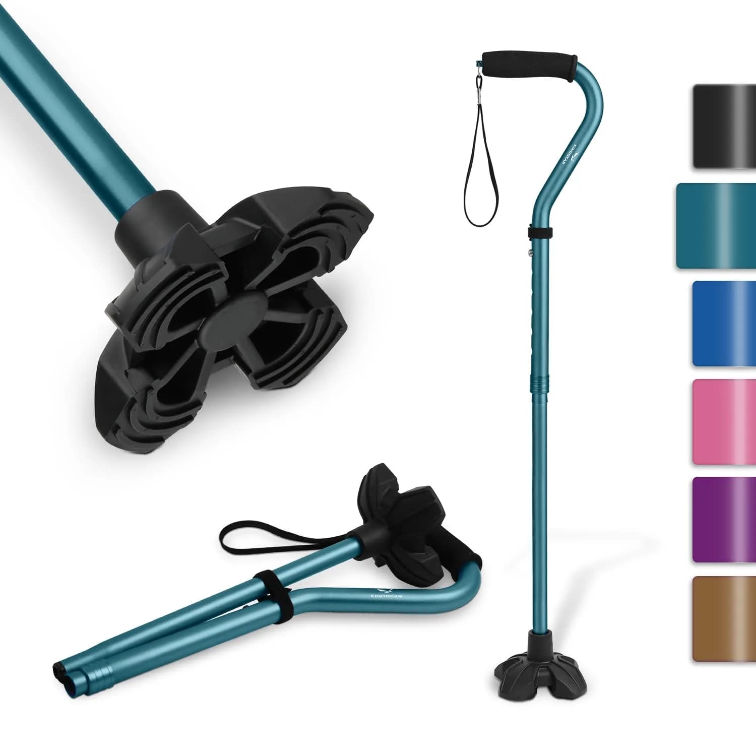 KINGGEAR Self Standing Quad Cane with Offset Handle & Strap | 31-36 inch Adjustable Height, 300 lb Capacity — Blue
