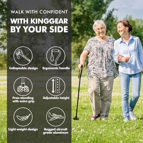 KINGGEAR Self Standing Quad Cane with Offset Handle & Strap | 31-36 inch Adjustable Height, 300 lb Capacity thumbnail 2