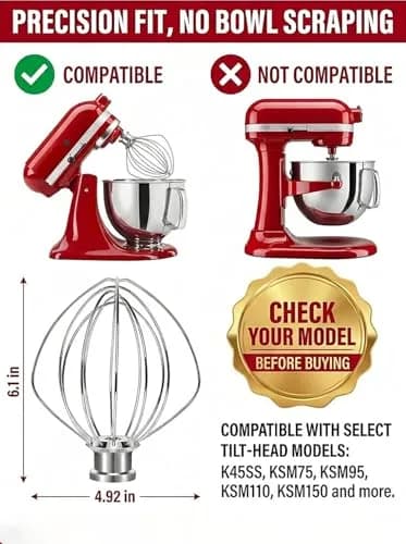 TIZZE 6-Wire Whisk Attachment for KitchenAid Tilt-Head Mixers 4.5QT/5QT | Aluminum Head with Stainless Steel Wires thumbnail 4