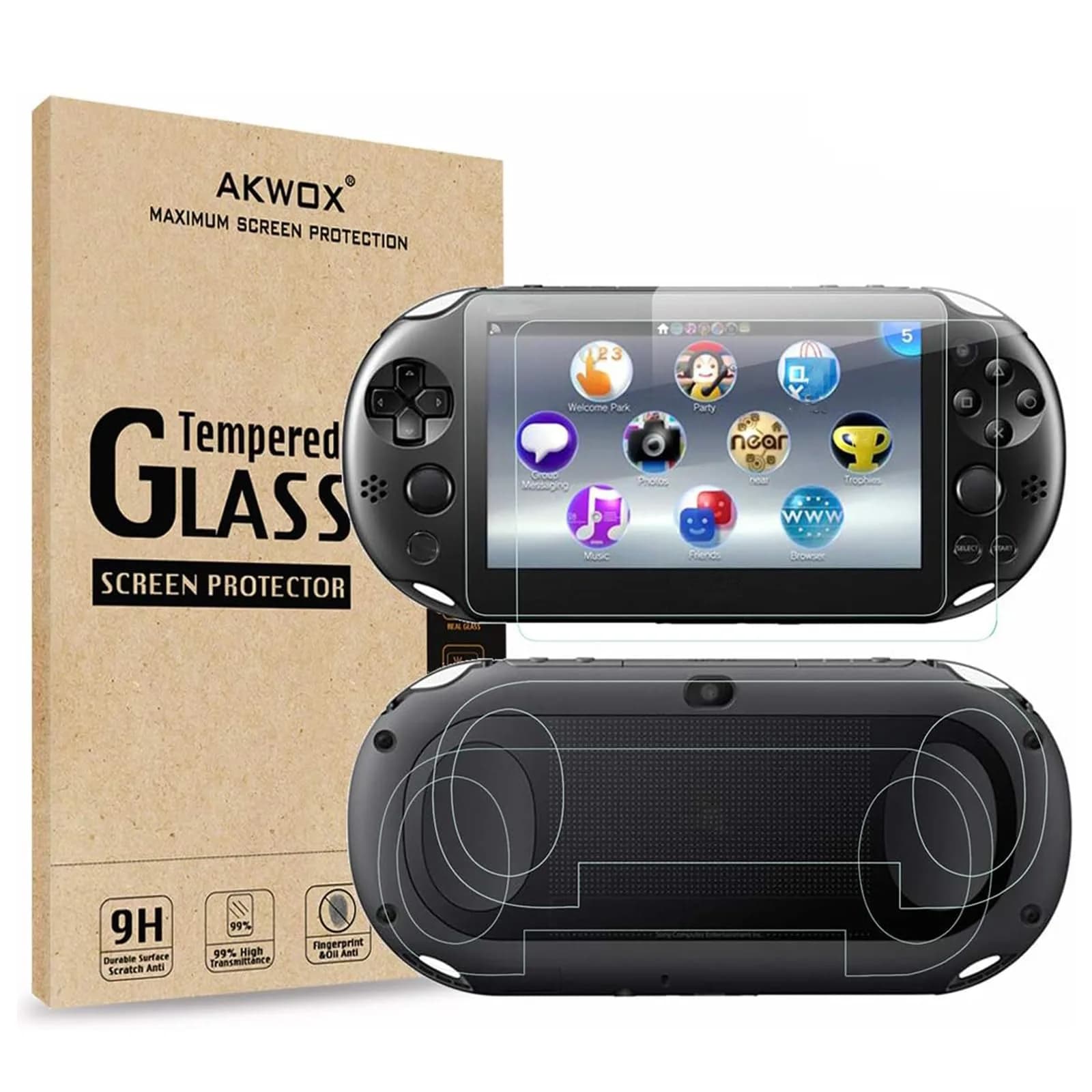 AKWOX Screen Protector for PS Vita 2000 | 9H Tempered Glass & HD PET Back Film — For PSV 2000 front and back