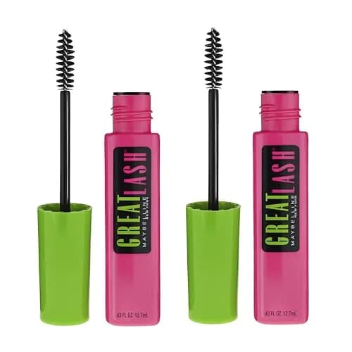 Maybelline Great Lash Washable Mascara Makeup, Volumizing Lash-Doubling Formula That Conditions As It Thickens, Very Black, 2 Count | Hypoallergenic Formula — Very Black