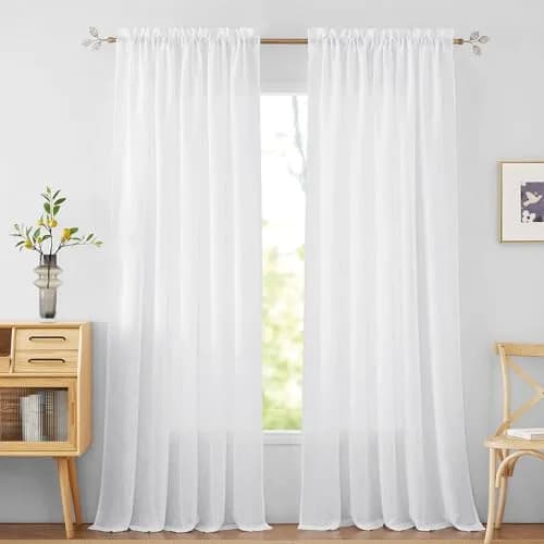 RYB HOME White Semi Sheer Curtains 52"W x 84"L | Elegant Linen Look for Living Room thumbnail 1