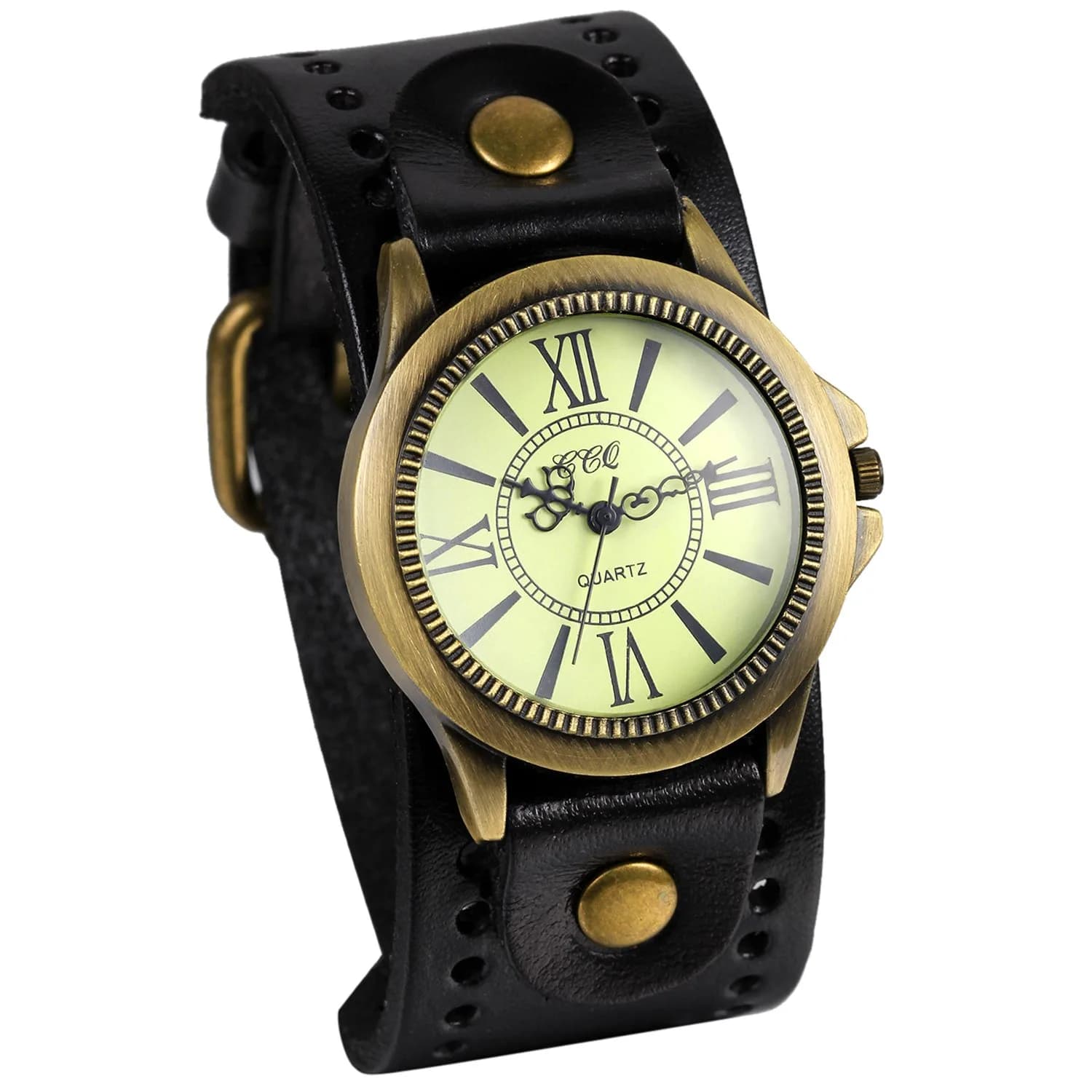 Avaner Retro Steampunk Wide Cuff Analog Quartz Watch for Men & Women | 38mm Case, Black Leather Strap - main product image