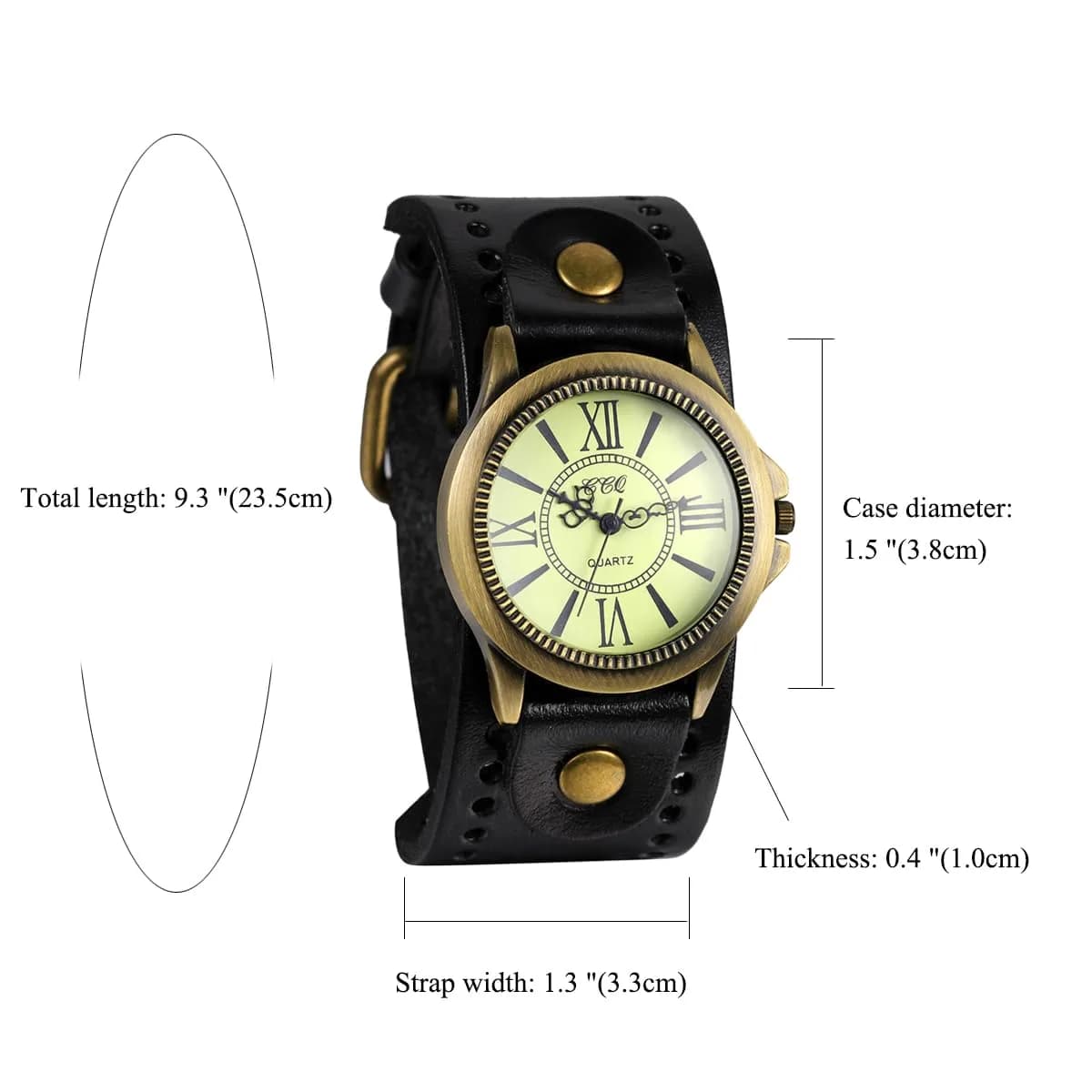 Avaner Retro Steampunk Wide Cuff Analog Quartz Watch for Men & Women | 38mm Case, Black Leather Strap - view 6