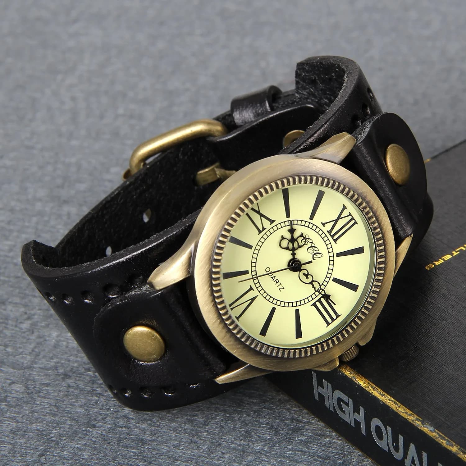 Avaner Retro Steampunk Wide Cuff Analog Quartz Watch for Men & Women | 38mm Case, Black Leather Strap - view 2