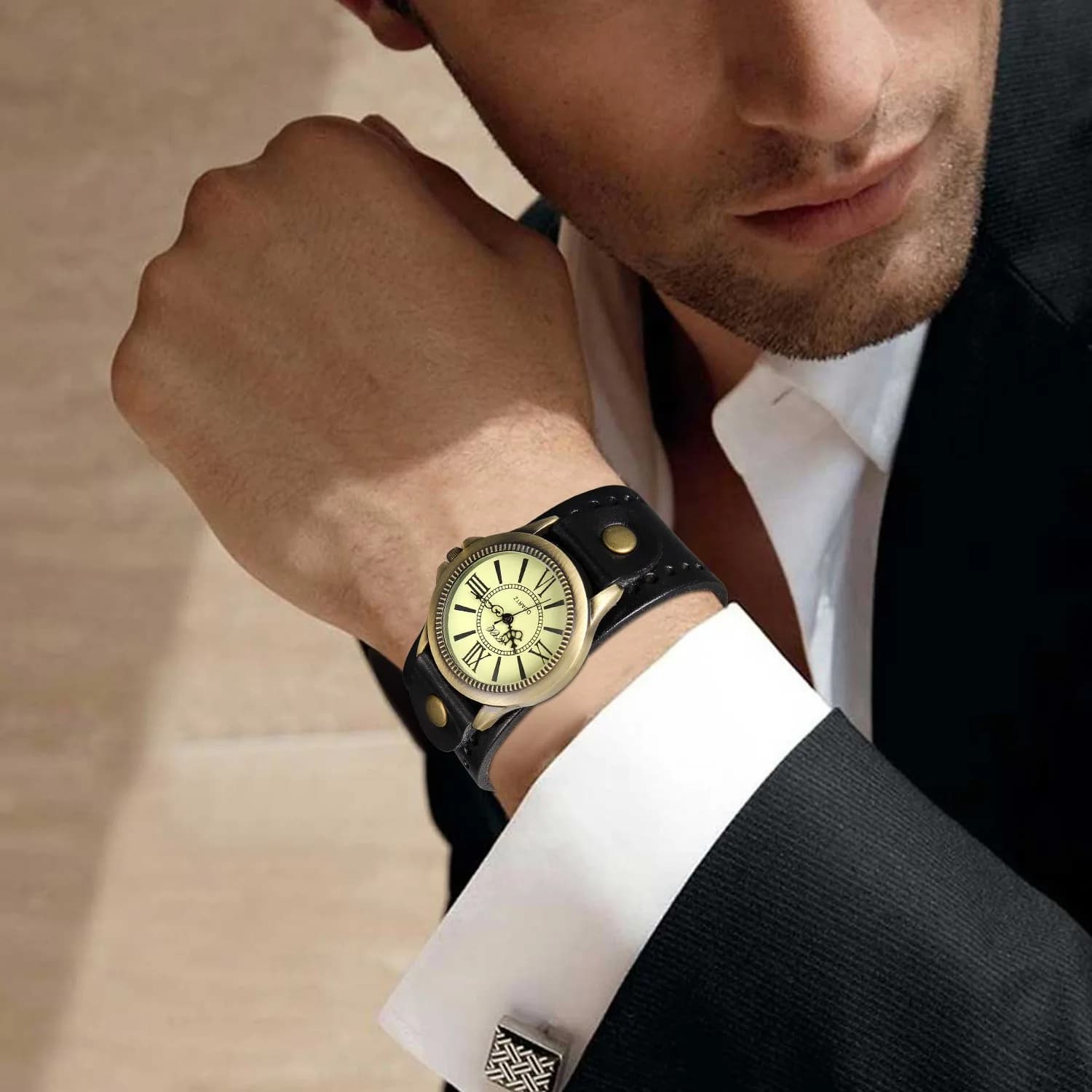 Avaner Retro Steampunk Wide Cuff Analog Quartz Watch for Men & Women | 38mm Case, Black Leather Strap - view 4