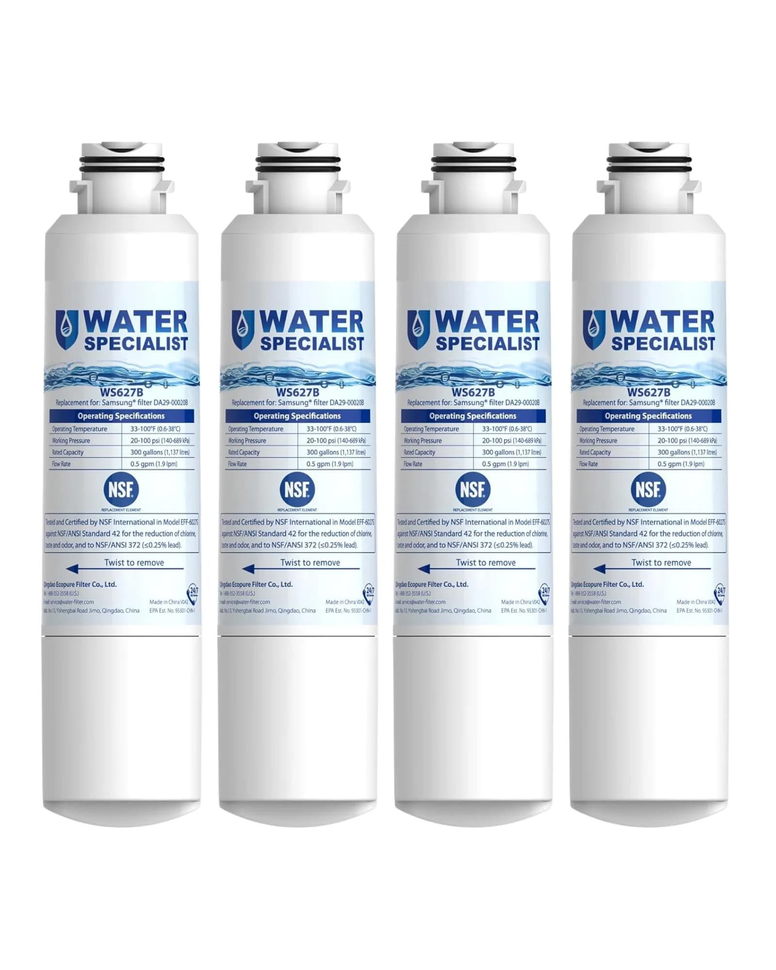 Waterspecialist Refrigerator Water Filter Replacement for Samsung® DA29-00020B, 4 Pack | NSF 42 & 372 Certified — White