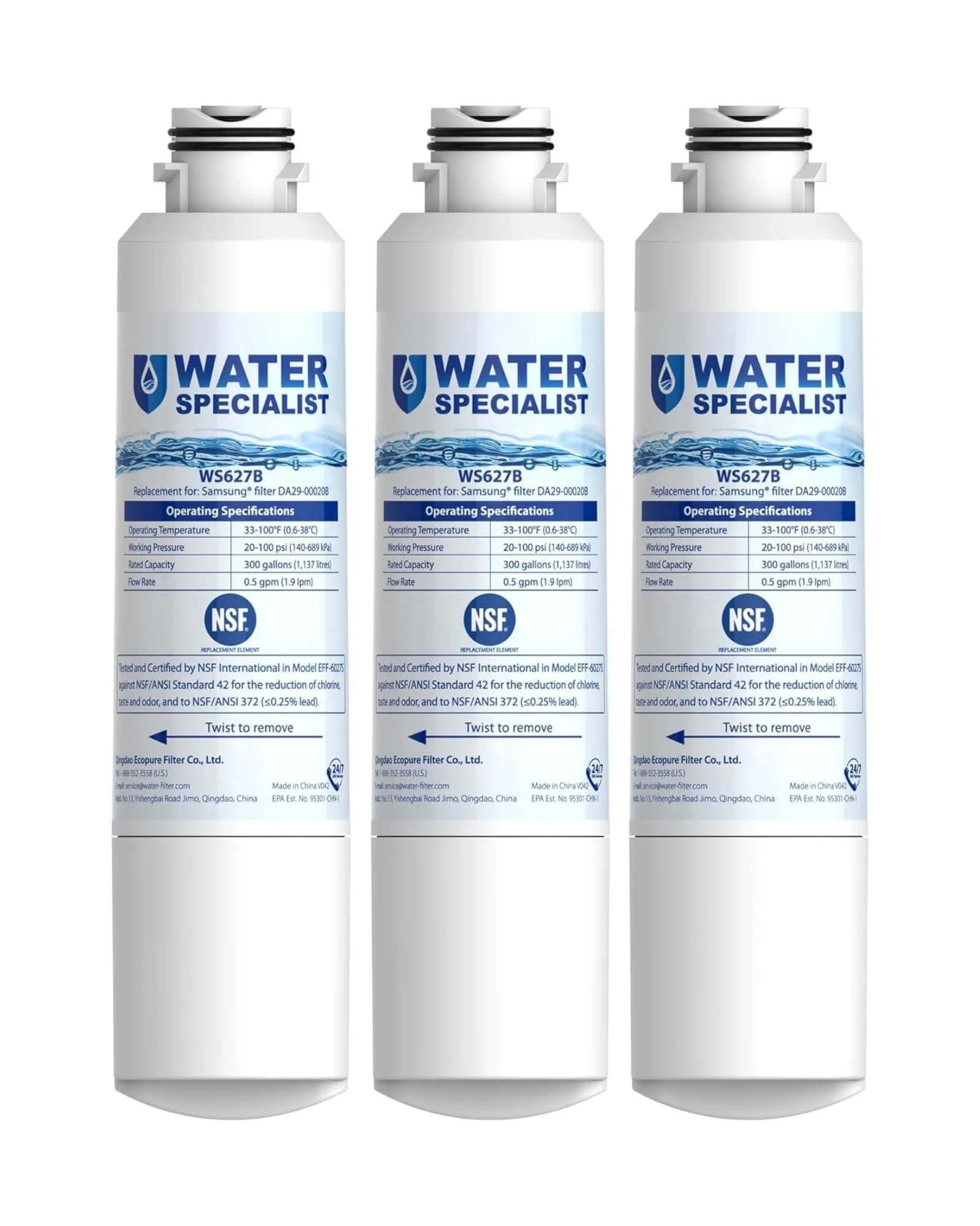 Waterspecialist Refrigerator Water Filter Replacement for Samsung® DA29-00020B, 3 Pack | NSF 42 & 372 Certified - main product image