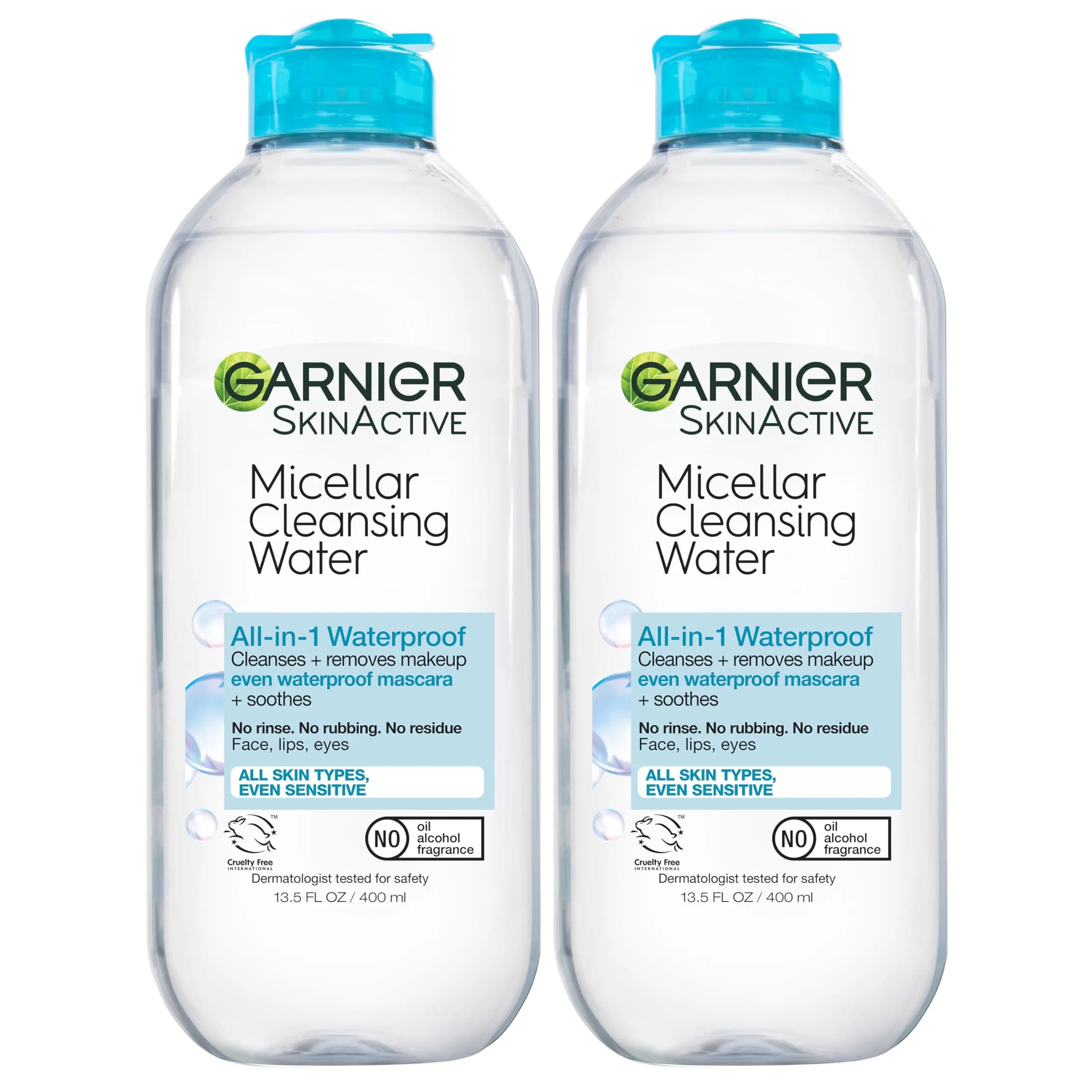 Garnier Micellar Cleansing Water for Waterproof Makeup, Hydrating Facial Cleanser & Makeup Remover, 400mL (13.5 Fl Oz) x 2 | Vegan, Cruelty-Free - main product image