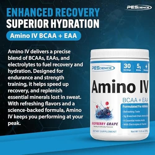 PEScience Amino IV BCAA & EAA Powder, Raspberry Grape | Complete Amino Acid & Electrolyte Support for Muscle Recovery thumbnail 4