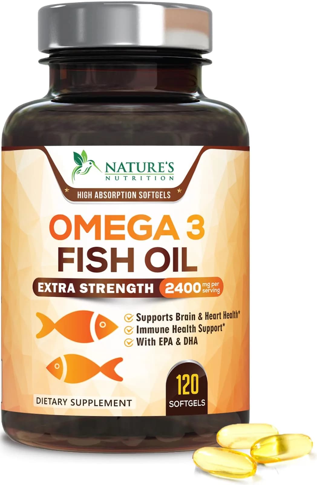 Nature's Nutrition Omega 3 Fish Oil 2400mg | Triple Strength Daily Supplement with EPA & DHA (120 Softgels) - main product image