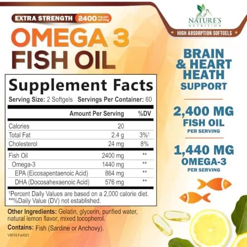 Nature's Nutrition Omega 3 Fish Oil 2400mg | Triple Strength Daily Supplement with EPA & DHA (120 Softgels) thumbnail 2