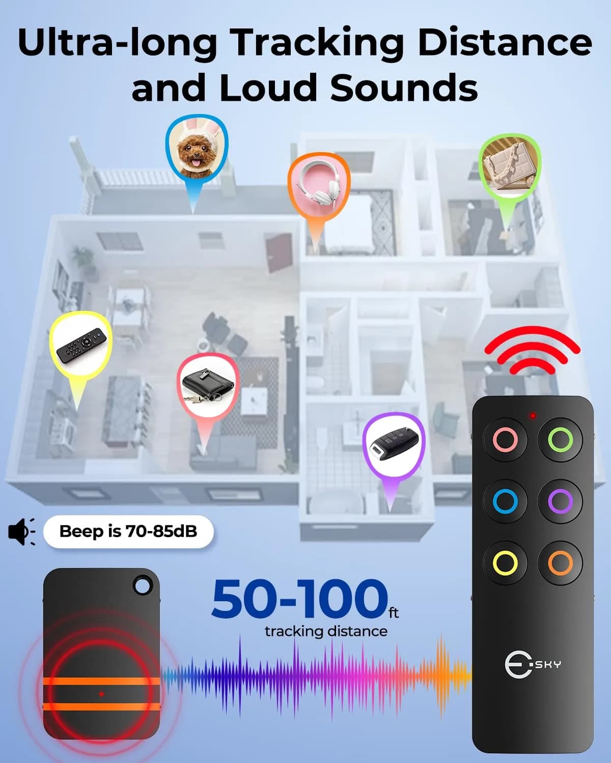 Esky Key Finder Locator with Sound, 6 Receivers & LED Light | 30m (100ft) Range - view 3