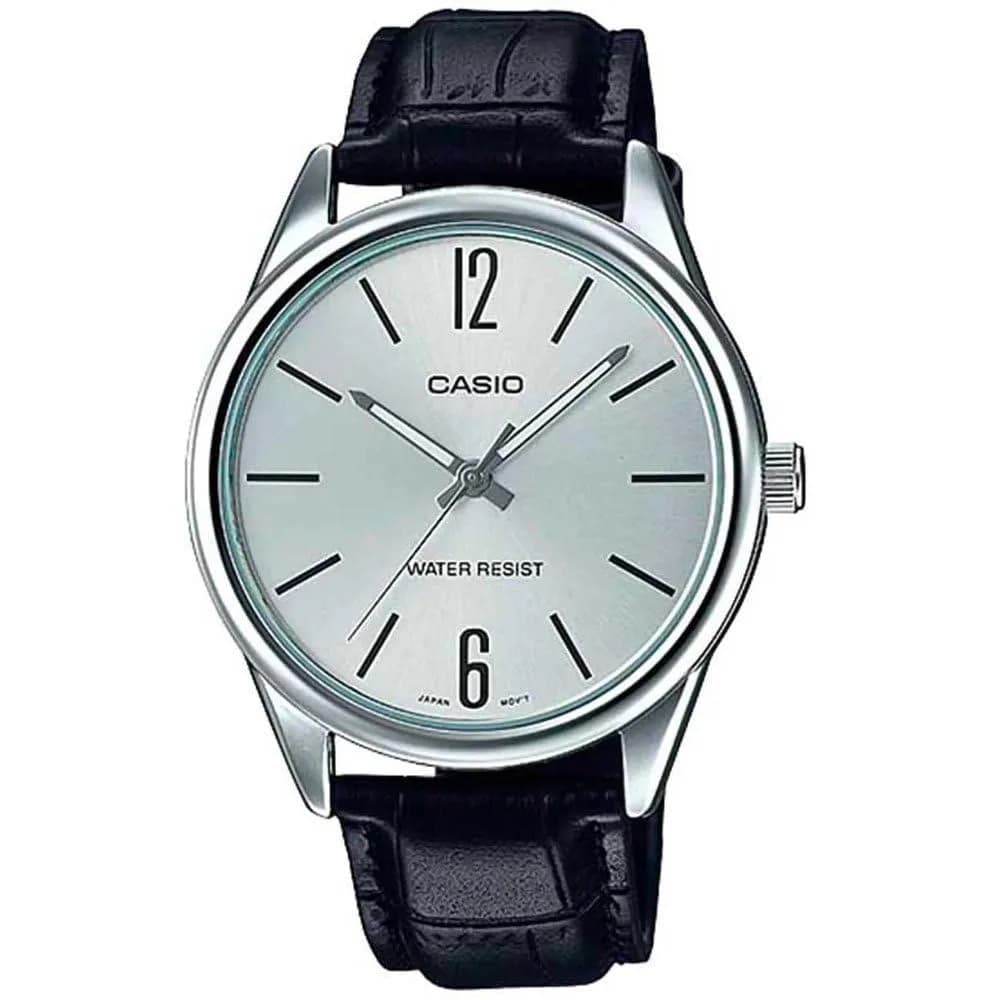 Casio MTP-V005L-7B Men's Analog Watch 40mm | Silver Dial & Black Leather Band — Silver