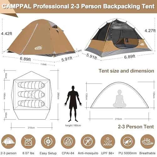 Camppal 2-3 Person Backpacking Tent Waterproof Windproof 4 Season | Easy Setup for Camping & Hiking thumbnail 6