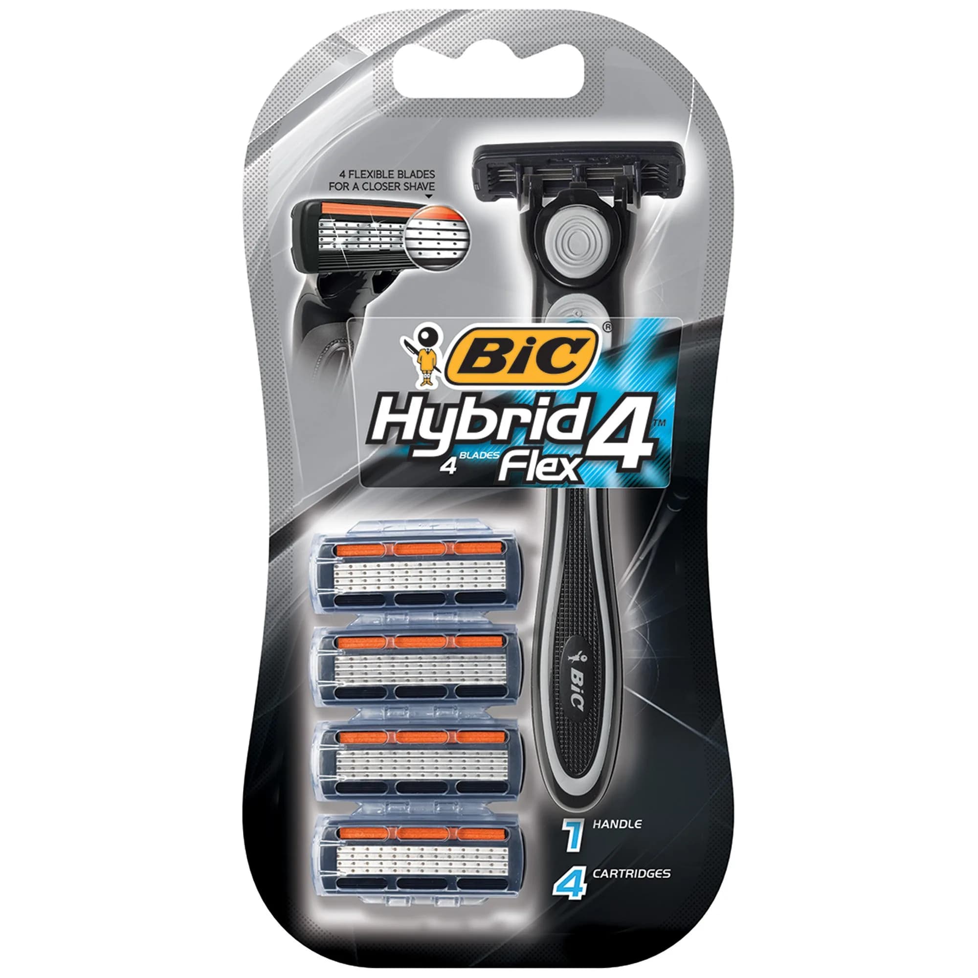 BIC Hybrid 4 Flex Disposable Razor | Sensitive Skin, Refillable System, 1 Handle + 4 Cartridges — Black