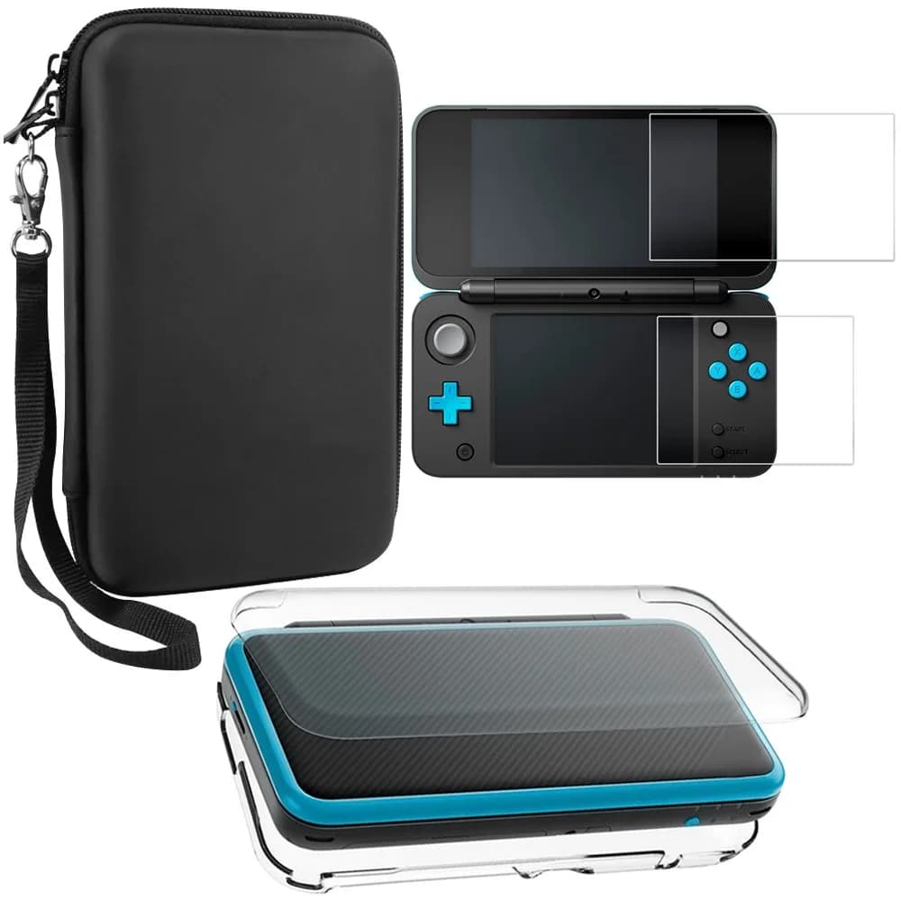 AFUNTA Crystal Clear Case & EVA Carrying Case with Screen Protectors for New 2DS XL | 2-Piece Set