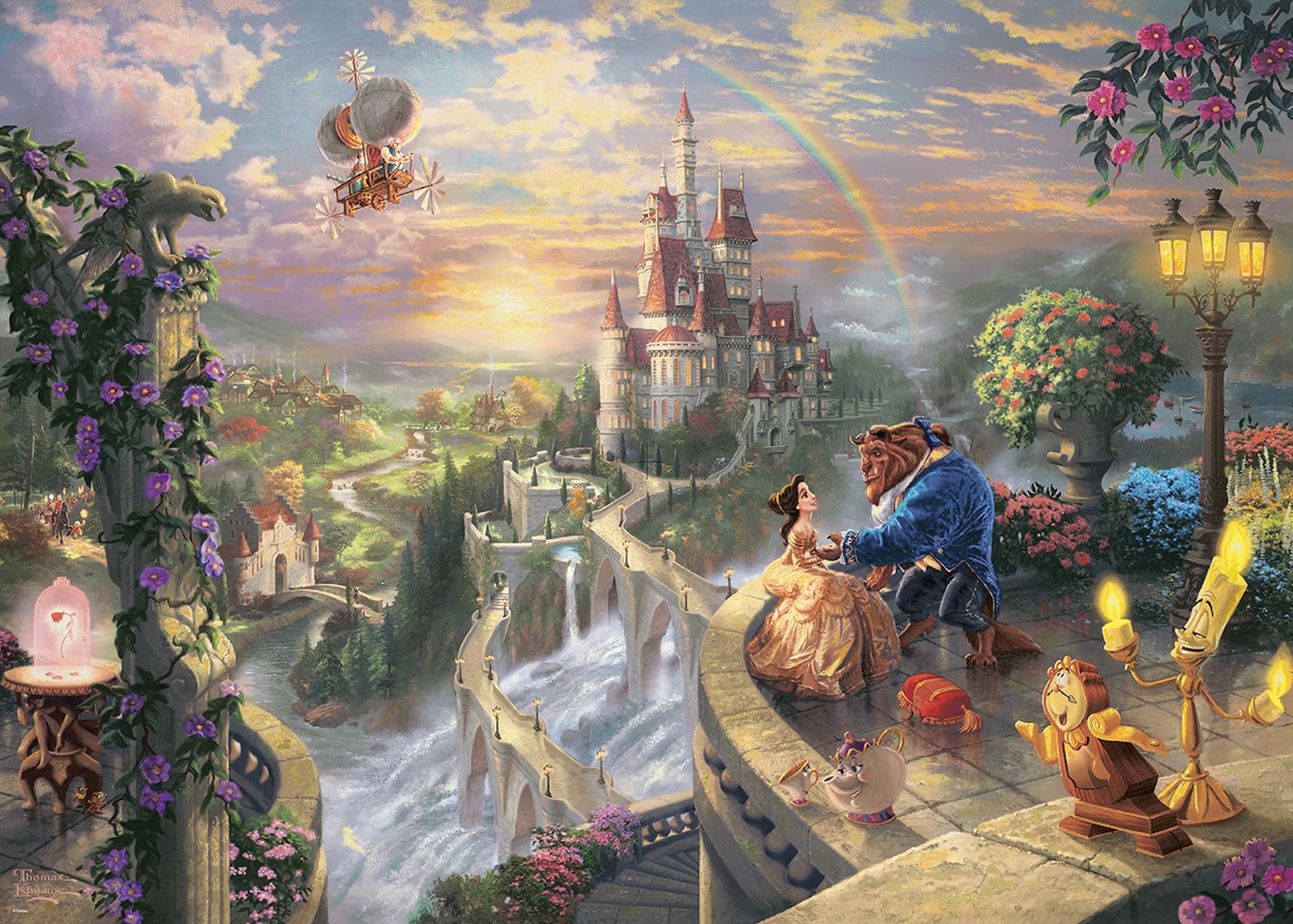 Tenyo 2000 Piece Jigsaw Puzzle Beauty and The Beast Falling in Love | Disney Thomas Kinkade (73.4 x 102 cm) — 2000 pieces