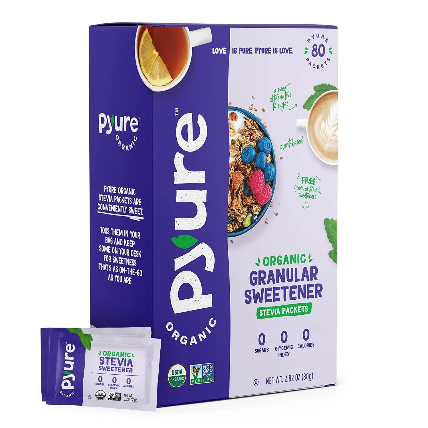 Pyure Organic Stevia Packets Zero Calorie Sweetener 80 Count | USDA Organic & Non-GMO Verified