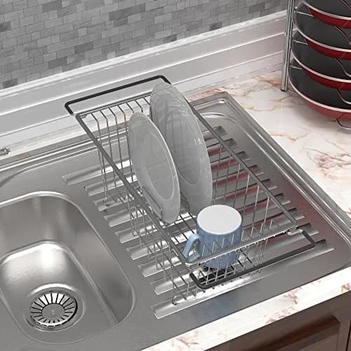Simple Houseware Stainless Over Sink Dish Drainer Drying Rack | Holds 8 Plates, Chrome, Medium thumbnail 4