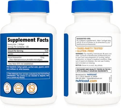 Nutricost Astaxanthin 12mg | 120 Softgels, Unflavored, Gluten-Free, GMO-Free thumbnail 4