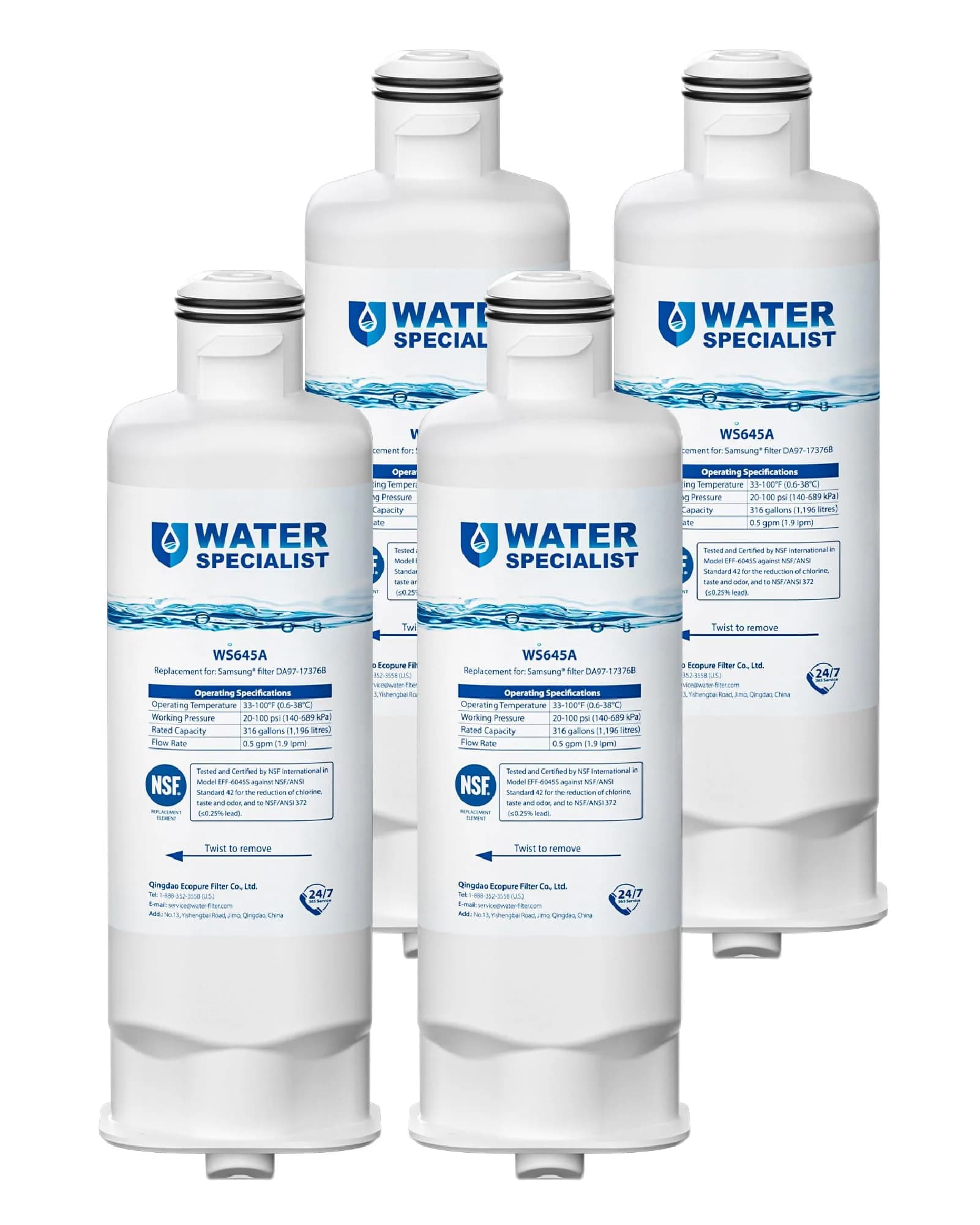 Waterspecialist WS645A Refrigerator Water Filter 4 Pack | NSF 42 & 372 Certified — White