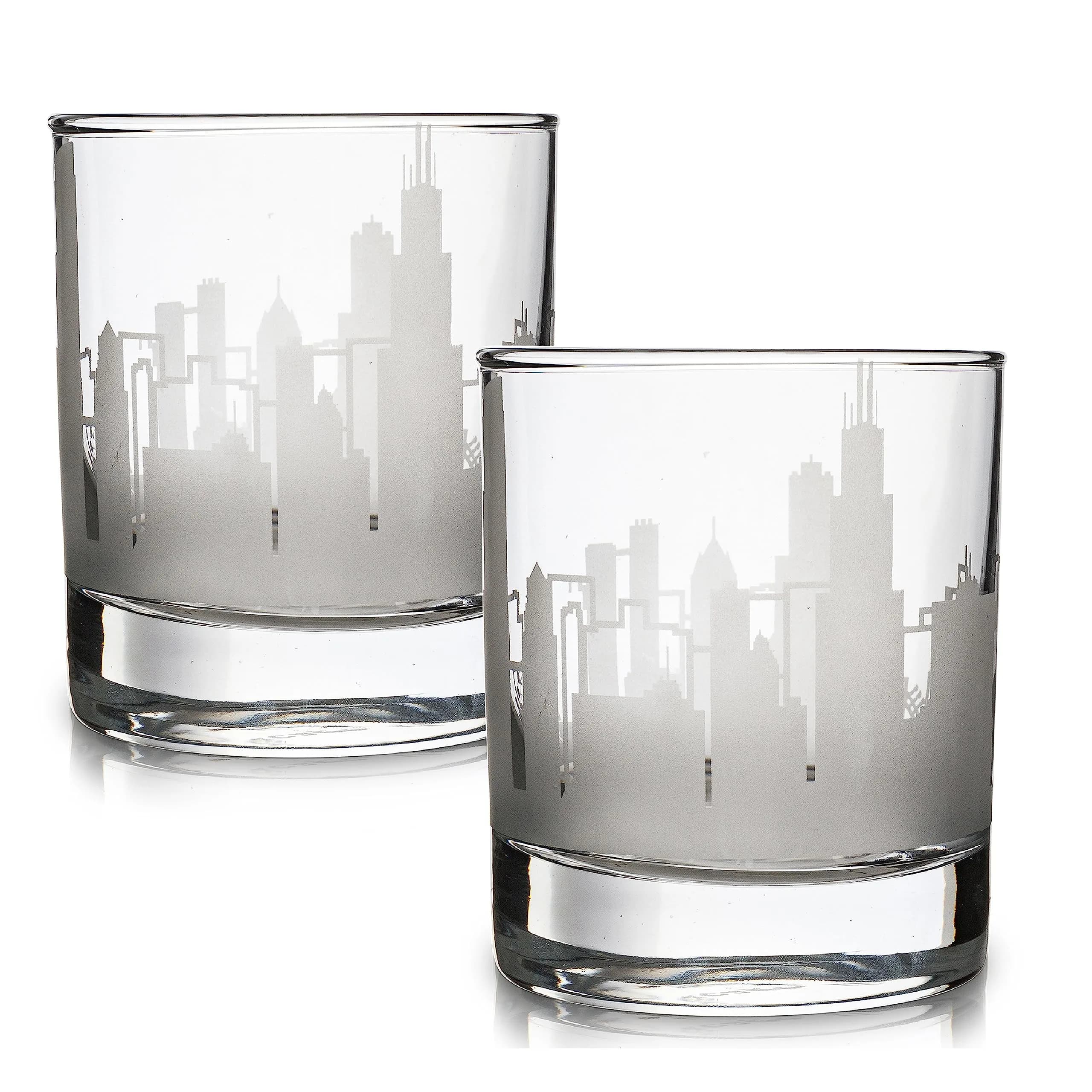 Greenline Goods Skyline Etched Chicago Whiskey Glasses Gift (Set of 2) | Old Fashioned Tumbler for Chicago Lovers