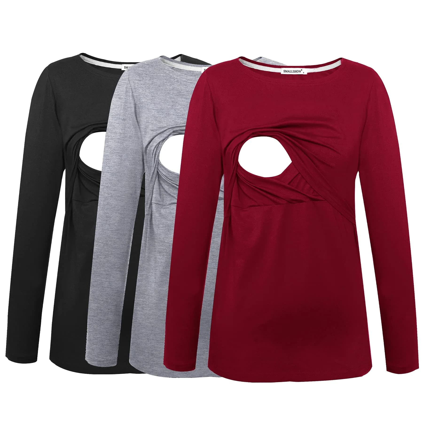 Smallshow Womens 3 Pcs Long Sleeve Maternity Nursing Top, Wine-Black-Grey, Large | Comfortable Stretch Modal Fabric