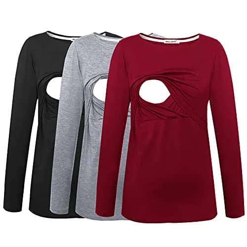 Smallshow Womens 3 Pcs Long Sleeve Maternity Nursing Top, Wine-Black-Grey, Large | Comfortable Stretch Modal Fabric thumbnail 1