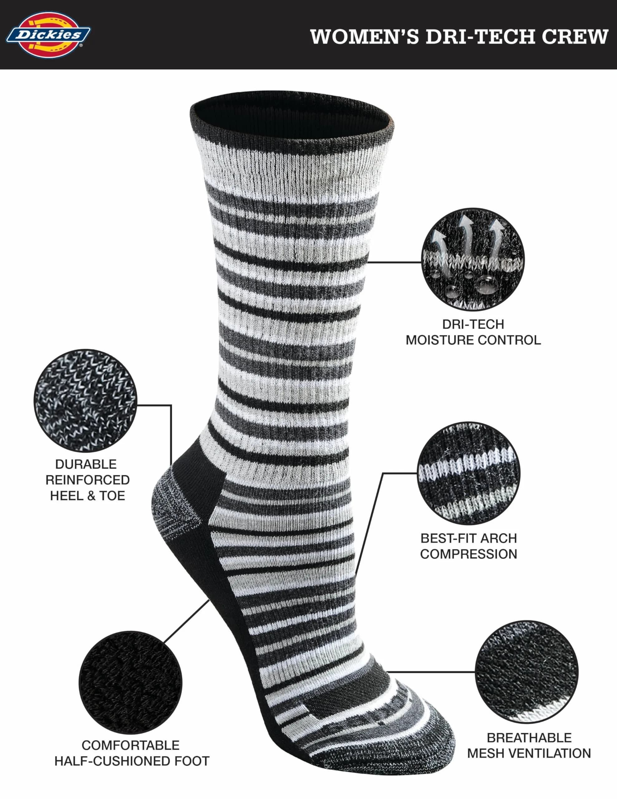 Dickies Dri-Tech Moisture Control Crew Socks | Moisture-Wicking, Reinforced Toe, Stripe (6 Pairs) thumbnail 4