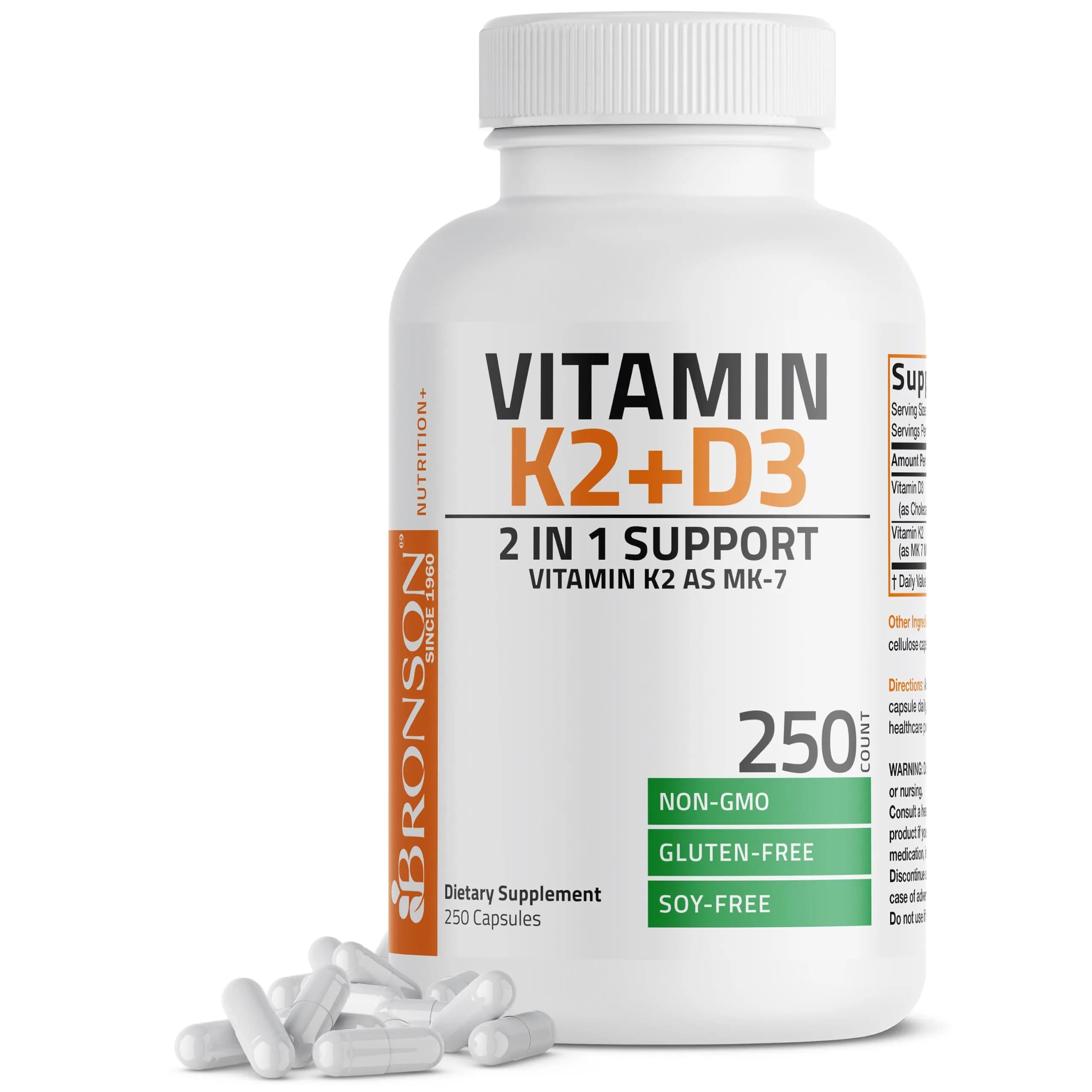 Bronson Vitamin K2 D3 Complex 250 Capsules | Bone, Heart & Immune Support with MK-7