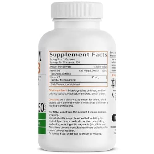 Bronson Vitamin K2 D3 Complex 250 Capsules | Bone, Heart & Immune Support with MK-7 thumbnail 2