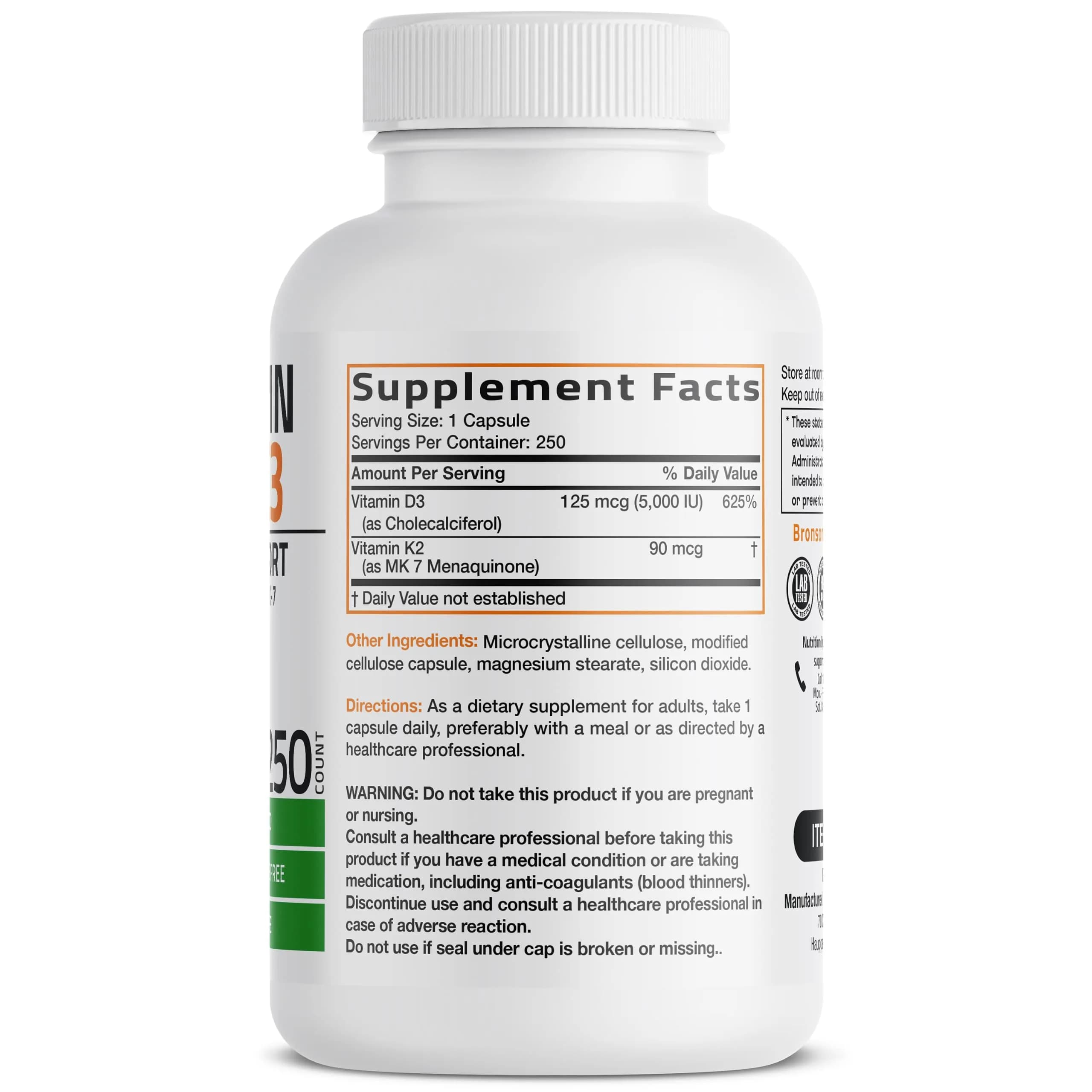 Bronson Vitamin K2 D3 Complex 250 Capsules | Bone, Heart & Immune Support with MK-7 - view 2