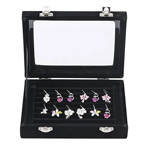 LANTWOO Velvet Glass Jewelry Display Storage Box Ring Earrings Jewelry Box Ring Holder Case, 2 clasps | Elegant jewelry organizer for women thumbnail 1
