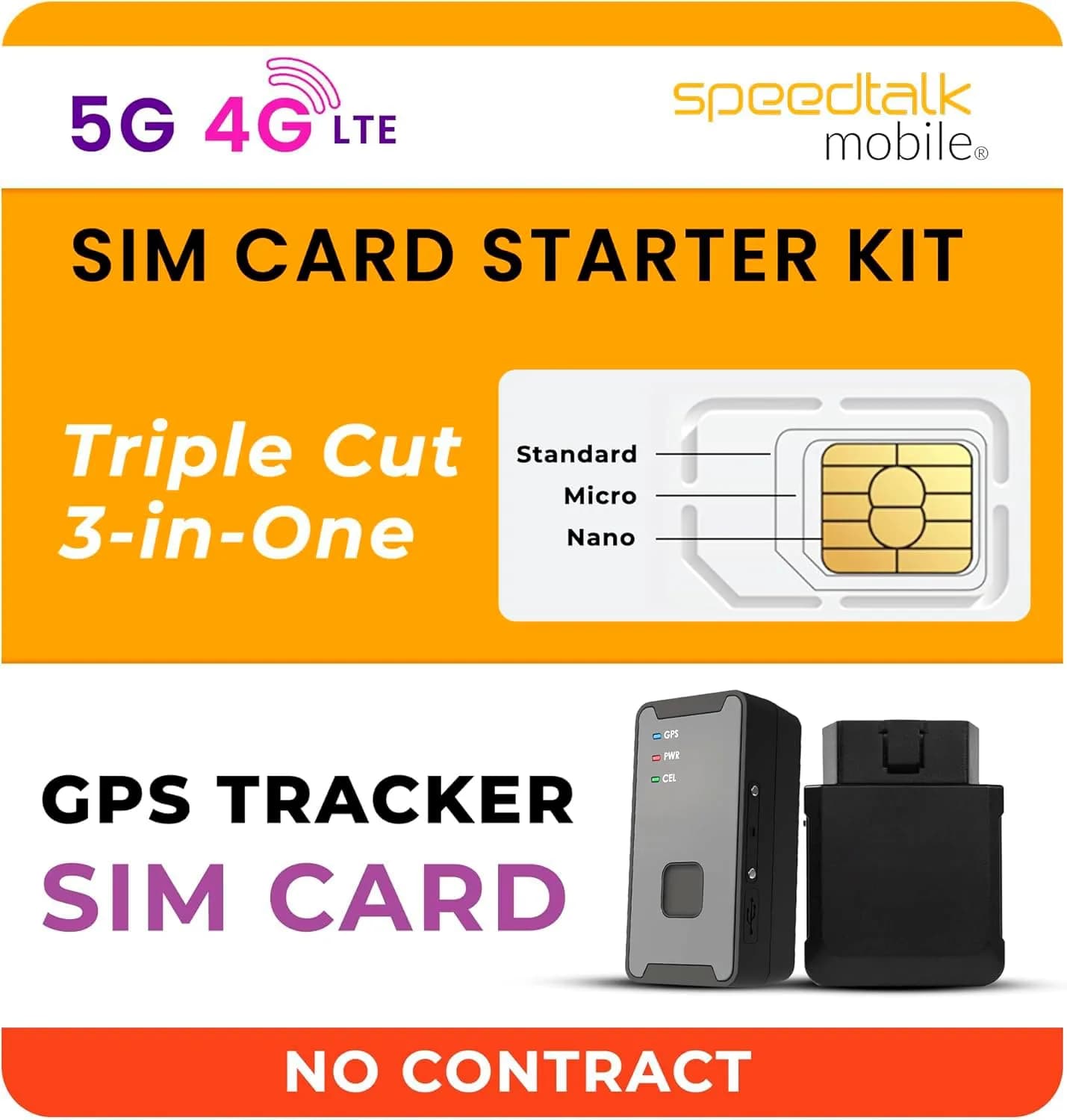 SpeedTalk Mobile GPS Tracker SIM Card Starter Kit | 3 in 1 Universal SIM Card: Standard, Micro, Nano for 4G LTE Tracking Devices - main product image