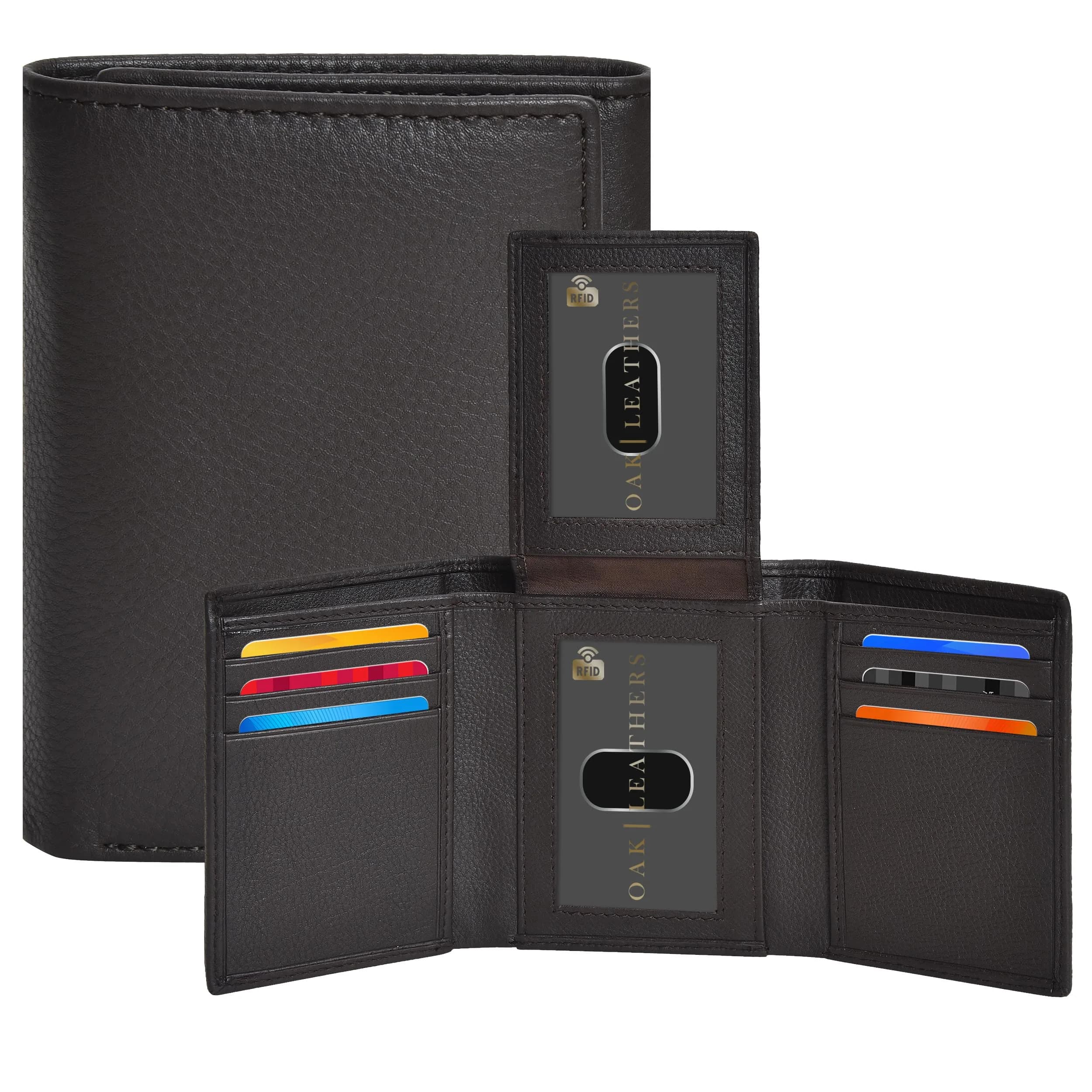 Oak Leathers Trifold Wallet RFID Blocking Slim with ID Window, Classic Black 1.27 cm (1 inch) — Dark Brown