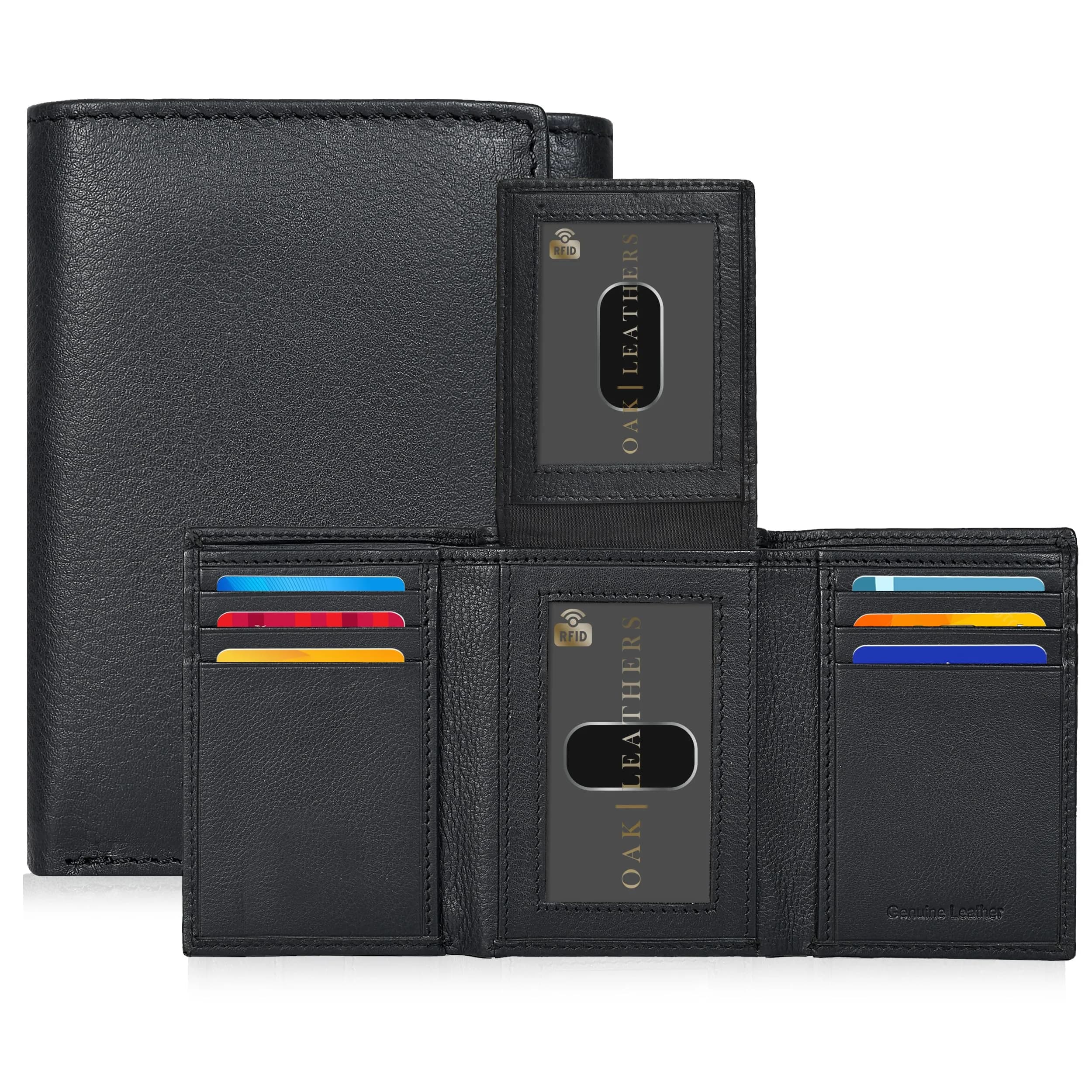 Oak Leathers RFID Blocking Trifold Wallet for Men | Genuine Leather, Slim Design, 9 Card Slots, Gift Box - main product image