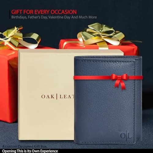 Oak Leathers Trifold Wallet for Men Blue RFID Blocking Slim with ID Window, Gift Box 12.7cm x 13.2cm (5" x 5.2") thumbnail 6