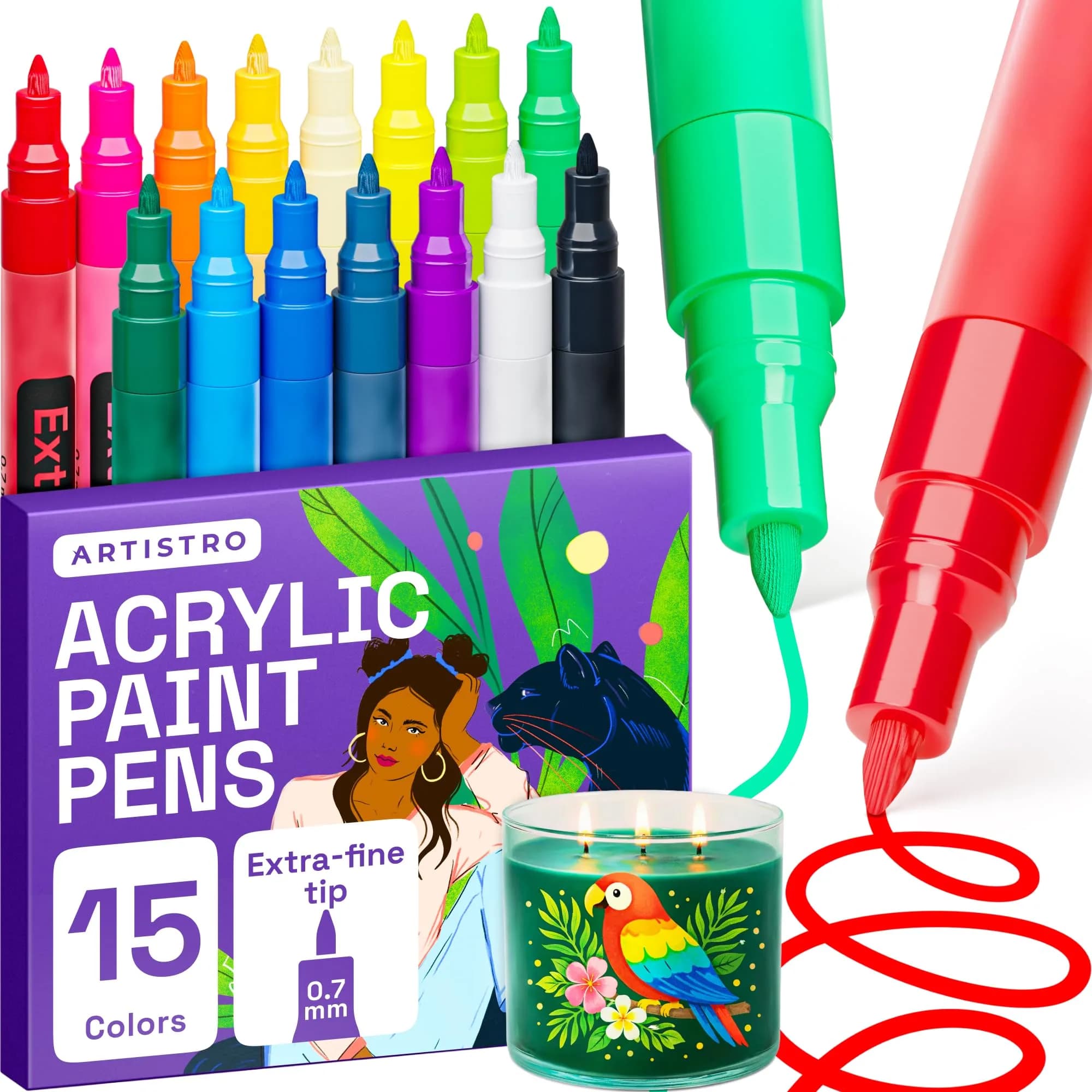 ARTISTRO 15 Acrylic Extra-Fine Glass Marker Pens (15 Count) | Vibrant Colors for Parties & Crafts - main product image