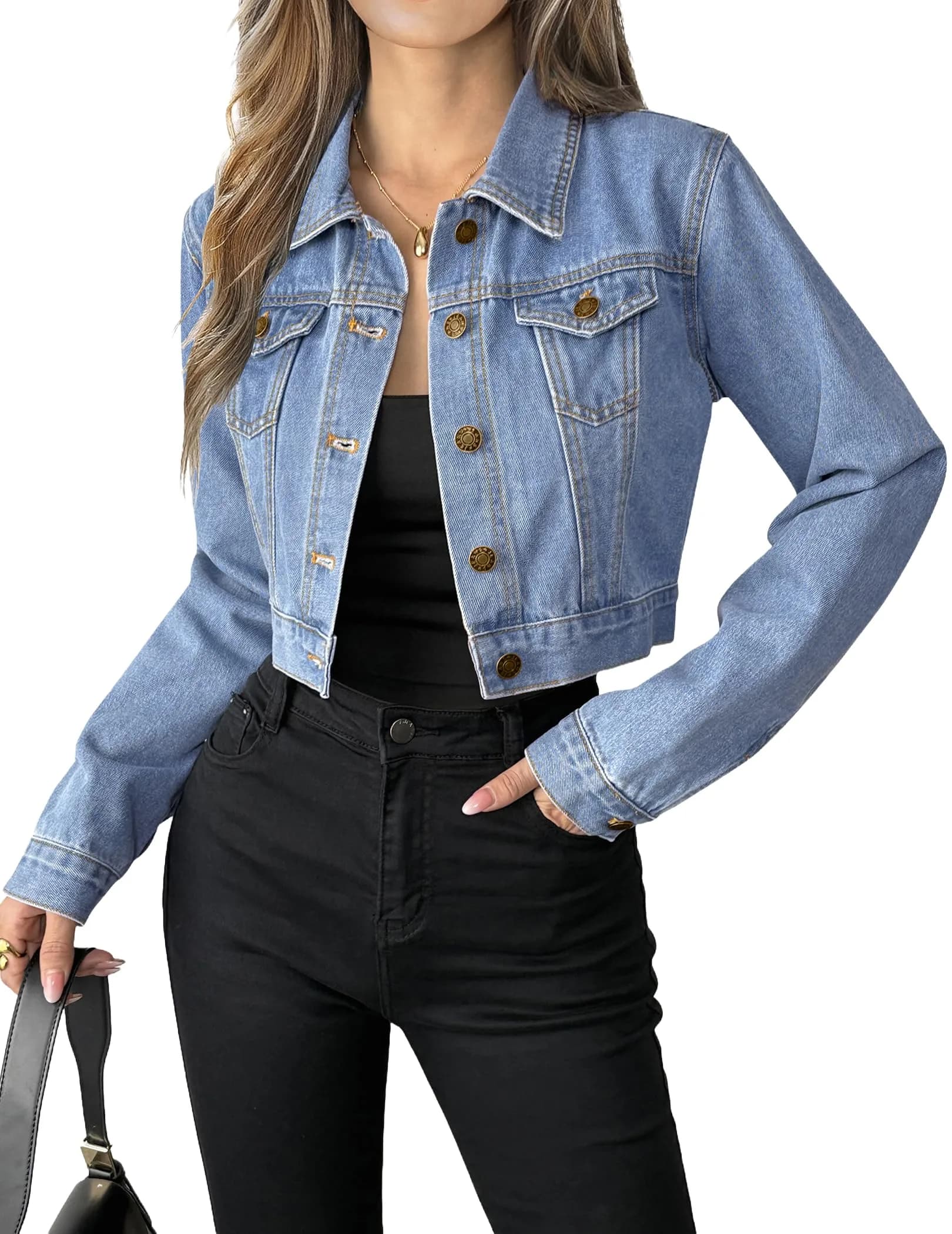 Grabsa Blue Jean Jackets for Women Casual Button Down Long Sleeve Denim Jacket Crop Top Jacket