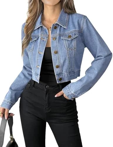 Grabsa Blue Jean Jackets for Women Casual Button Down Long Sleeve Denim Jacket Crop Top Jacket thumbnail 1