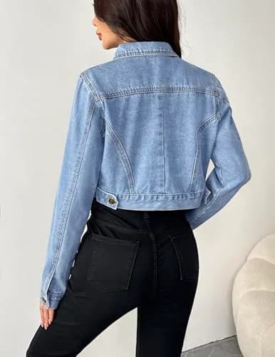 Grabsa Blue Jean Jackets for Women Casual Button Down Long Sleeve Denim Jacket Crop Top Jacket thumbnail 4