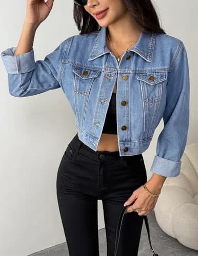 Grabsa Blue Jean Jackets for Women Casual Button Down Long Sleeve Denim Jacket Crop Top Jacket thumbnail 2
