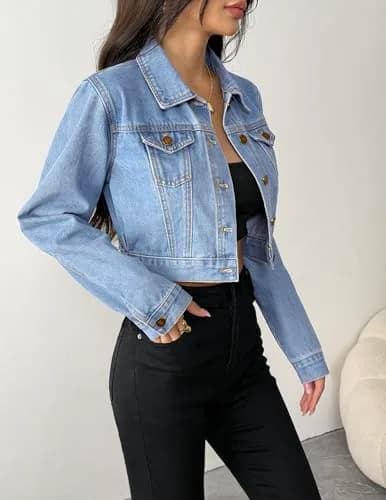 Grabsa Blue Jean Jackets for Women Casual Button Down Long Sleeve Denim Jacket Crop Top Jacket thumbnail 3